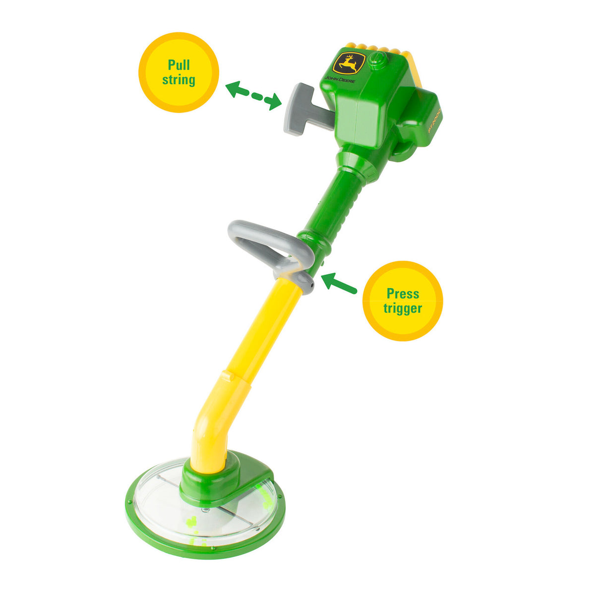 John Deere Weed Trimmer toddler toy with pull string and press trigger for realistic weed clipping action.