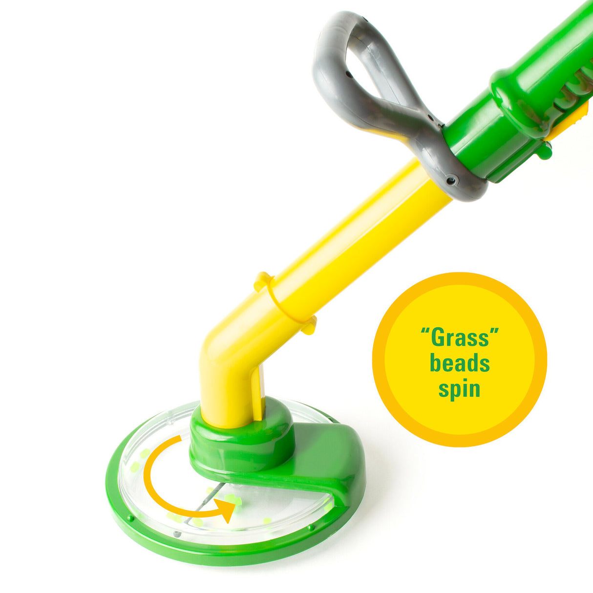 Close-up of the John Deere Weed Trimmer toy showing the spinning "grass" beads feature on the yellow and green handle.