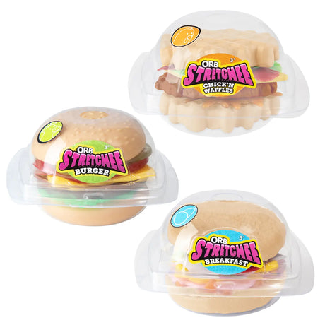 Stretchee Foodz Secret Menu Squishy featuring burger, chicken and waffles, and breakfast sandwich styles in clear cases.