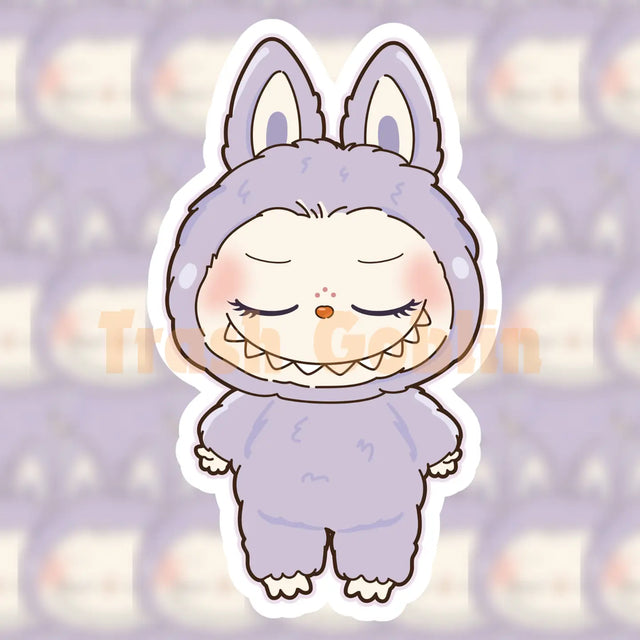 Closed-eyed Labubu character in a pastel purple onesie with bunny ears, smiling softly on a vinyl sticker.