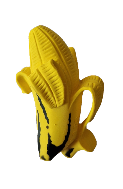 Natural Teether | Ana the Banana Pop Art Edition soft yellow fruit-shaped baby teether with black details for sensory play.