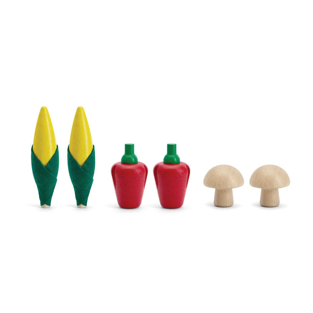 Fresh Product Set with two corn cobs, two red bell peppers, and two mushrooms for imaginative children's play.