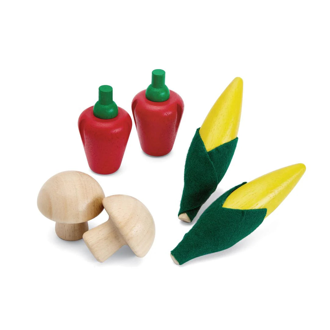 Fresh Product Set with two wooden corn cobs, red bell peppers, and mushrooms for imaginative play and learning.