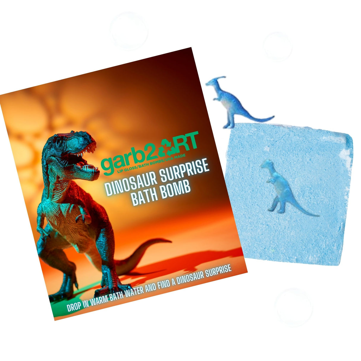 Surprise Dinosaur Bath Bomb with a blue fizzing cube and hidden dinosaur toys for a fun bath experience.