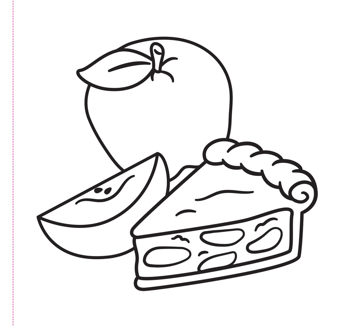 Black and white line drawing of an apple, an apple slice, and a slice of pie ready for coloring.