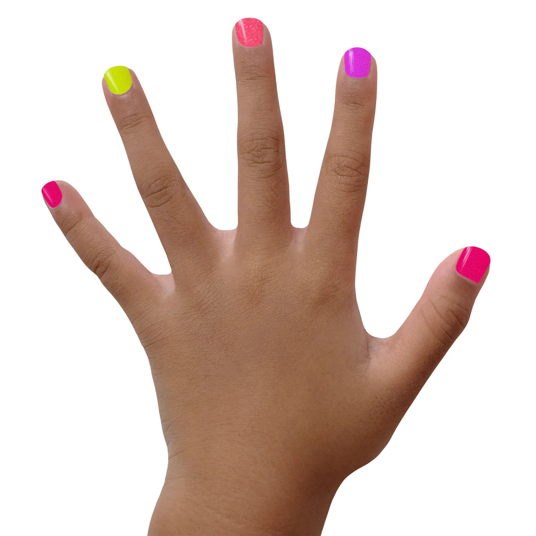 Child's hand showing bright neon painted nails in pink, yellow, and purple from the Nail Polish Neon Set.