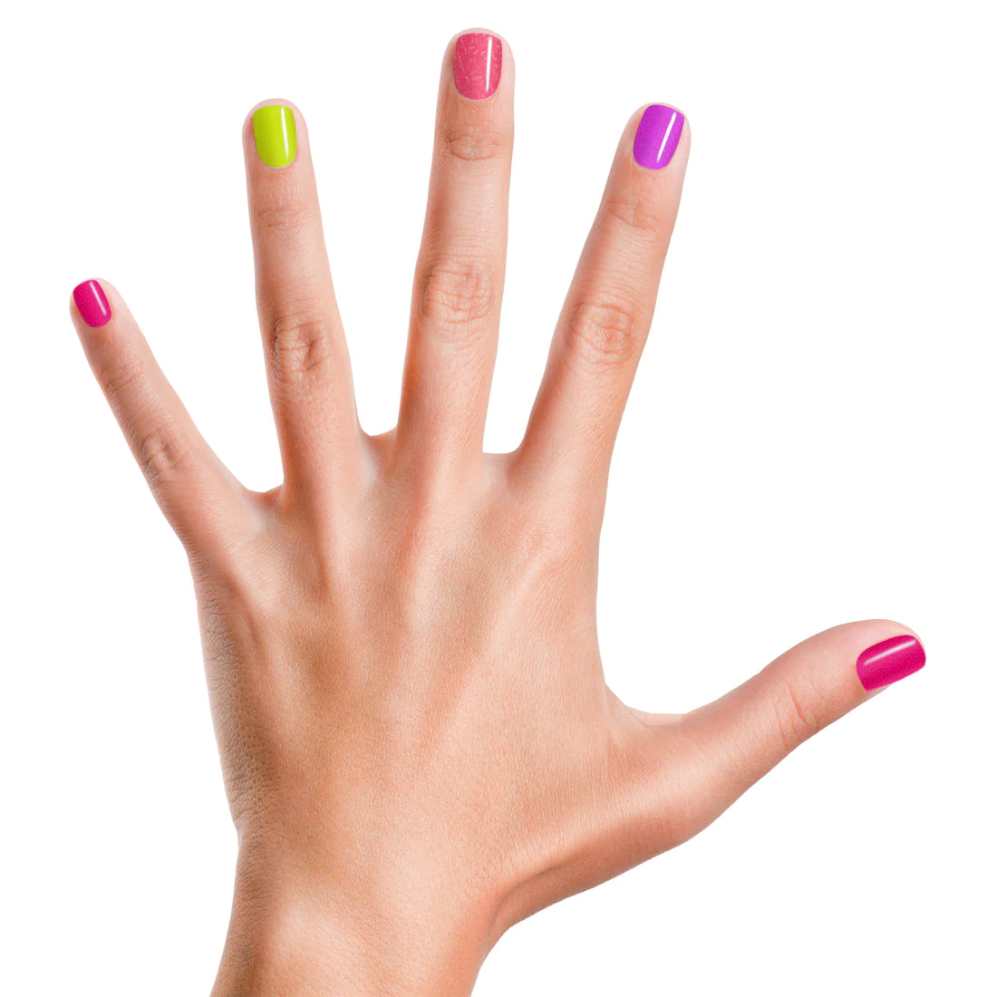Hand with nails painted in bright neon colors showcasing the Nail Polish Neon Set on white background.