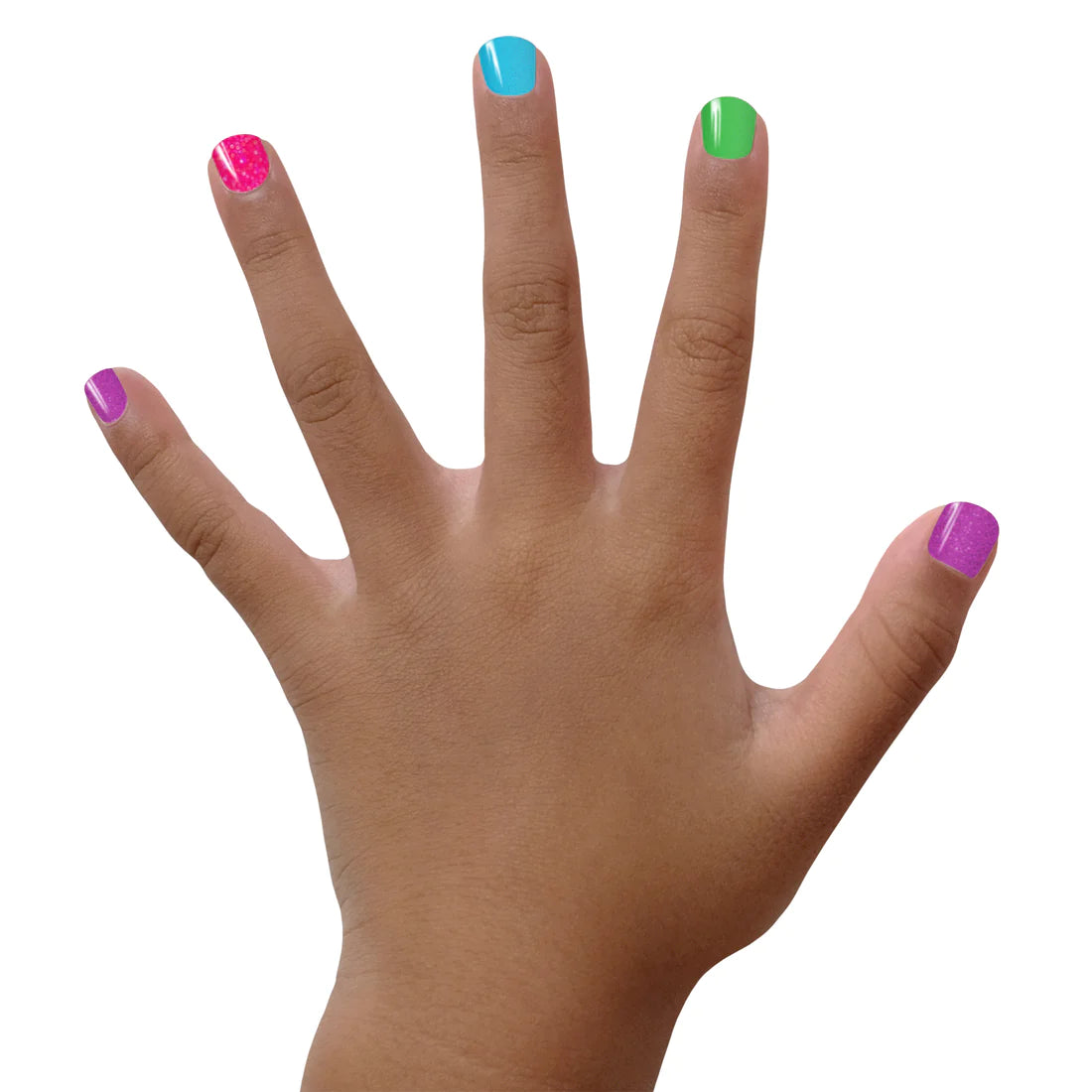 Hand with multicolored nails painted using the Nail Polish Rainbow Set showing vibrant blue, green, pink, purple shades.
