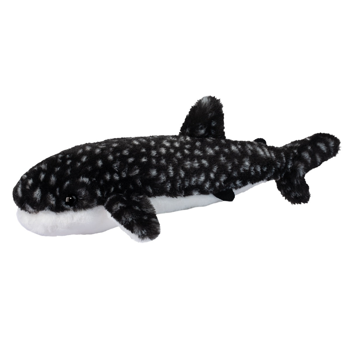 Soft plush whale shark toy in black and white with spotted pattern, perfect for cuddling and relaxing.