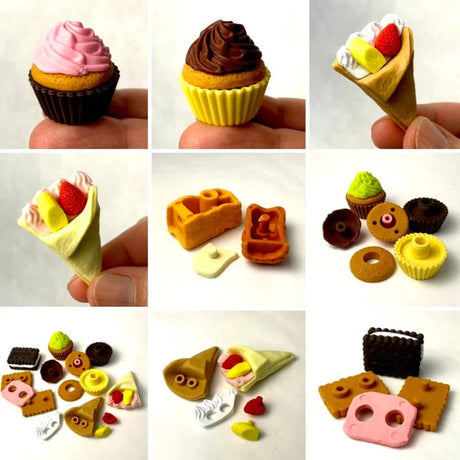 Assorted cute Japanese Eraser Cake miniatures including cupcakes, crepes, and donuts held in hand, perfect tiny collectibles.