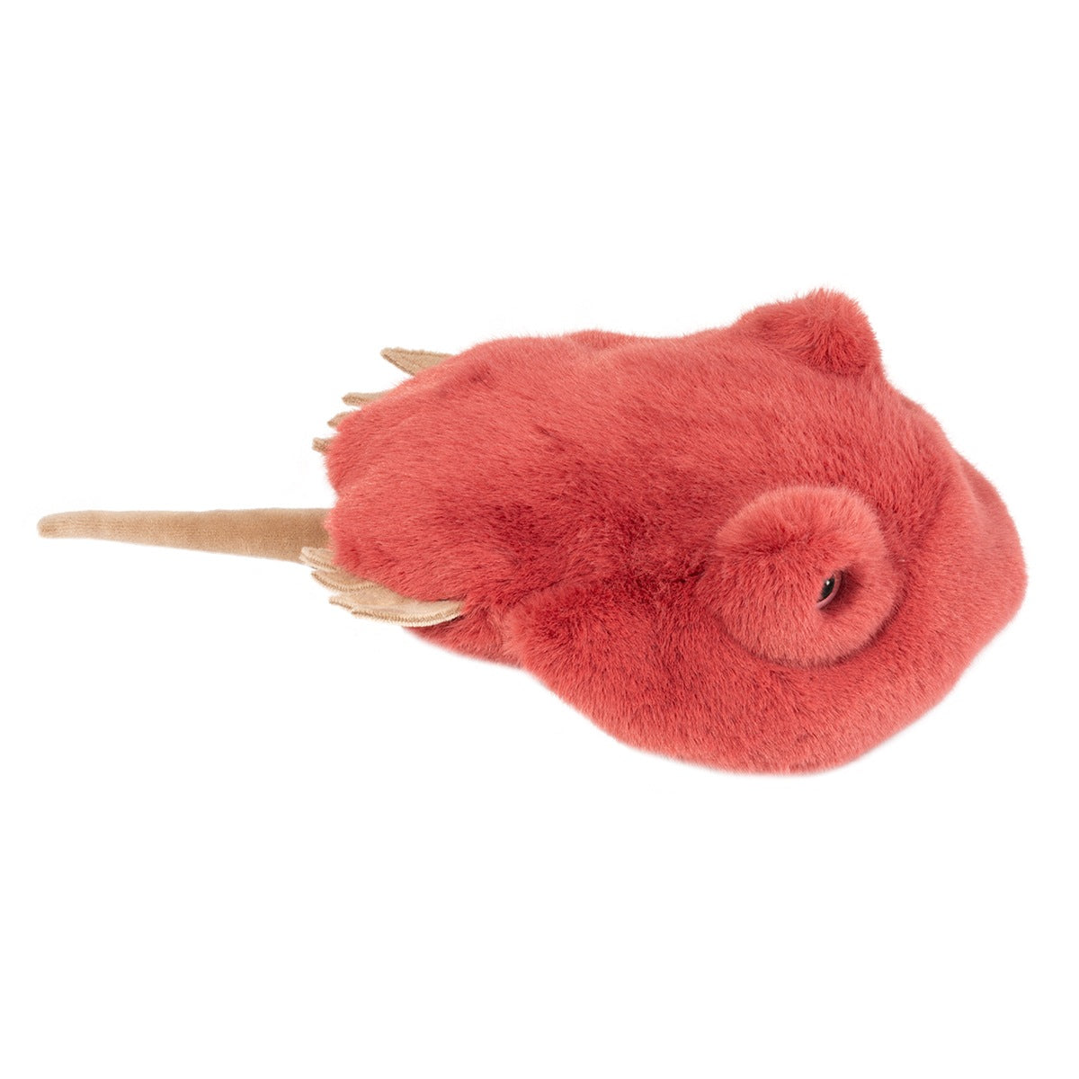 Horseshoe Crab Howie plush toy in brick red with soft spikes, coral eyes, and tapering tail, perfect for ages 24 months and up.