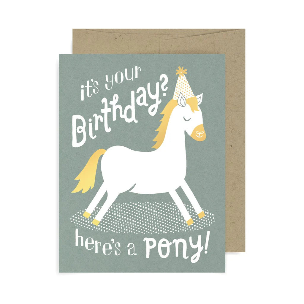 Here's a Pony Birthday Card featuring a white pony with a party hat, gold foil accents on recycled paper.