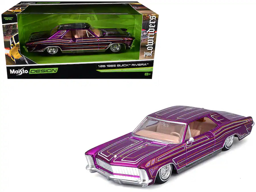 Purple 1965 Buick Riviera lowrider model car with detailed custom paint and chrome wire wheels displayed outside package