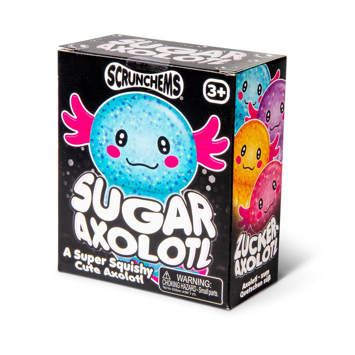 Scrunchems Sugar Axolotl toy box featuring a colorful squishy axolotl character