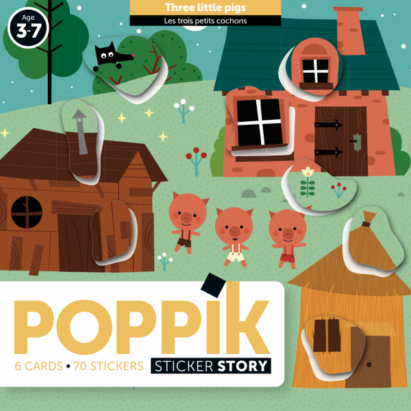 Poppik Sticker Story featuring three little pigs with stickers to complete and create your own fairy tale narrative.