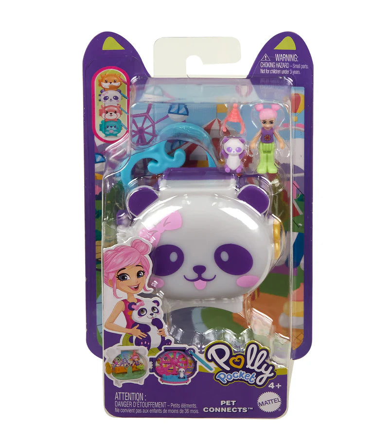 Polly Pocket Pet Locket playset with panda-themed compact, miniature figure, and pet for stackable adventures ages 4 plus