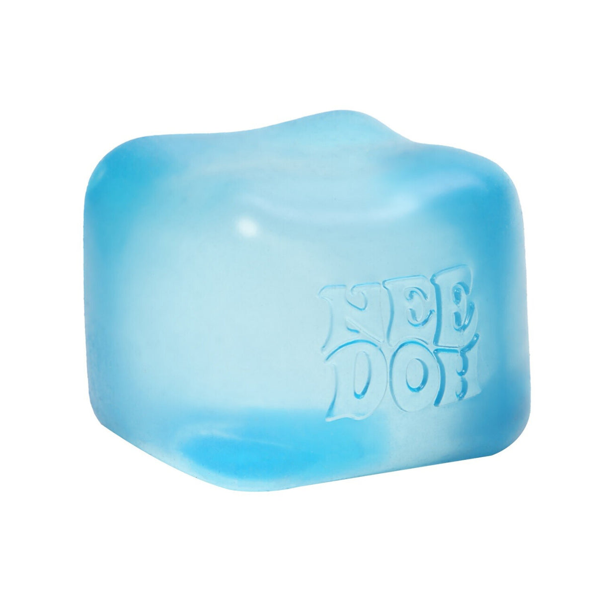 Blue squishy cube with NeeDoh logo, a flexible toy that returns to its square shape, called NeeDoh Nice Cube.