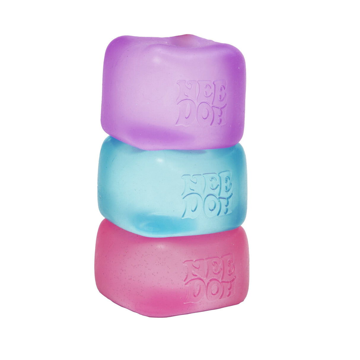 Stack of three colorful squishy cubes with NeeDoh logo, showcasing the NeeDoh Nice Cube sensory toy.