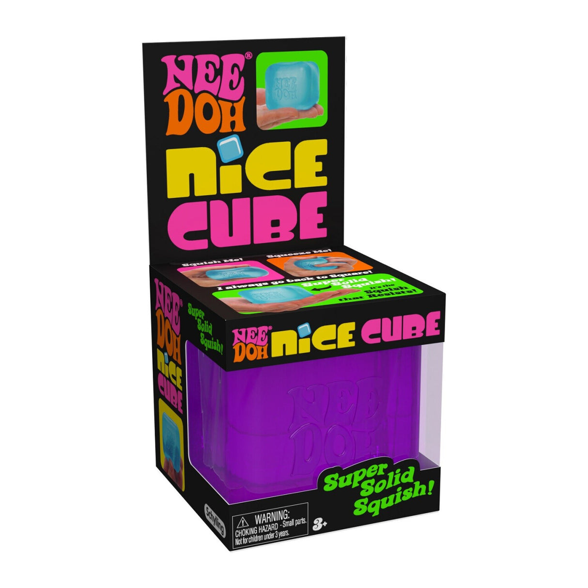 NeeDoh Nice Cube squishy toy in purple, cube-shaped stress reliever that returns to shape after squeezing.