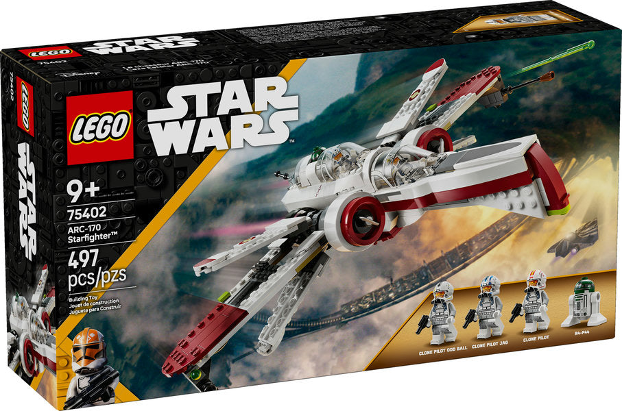 LEGO Star Wars ARC-170 Starfighter building toy with 497 pieces, featuring 4 minifigures and detailed starship design.