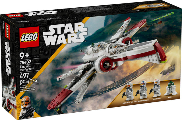LEGO Star Wars ARC-170 Starfighter building toy with 497 pieces, featuring 4 minifigures and detailed starship design.