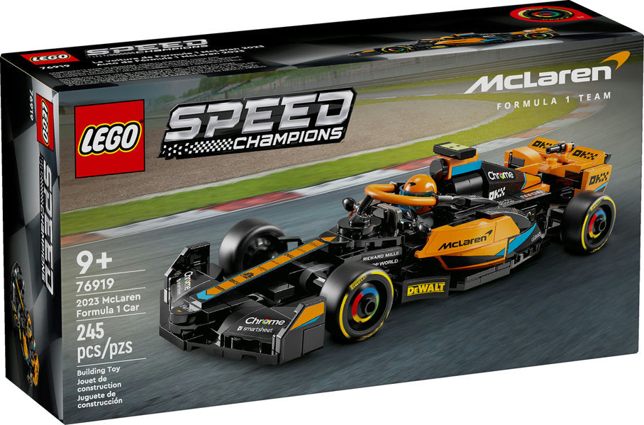 LEGO Speed 2023 McLaren Formula 1 Car buildable toy featuring detailed F1 design, black-and-papaya livery, and driver minifigure.