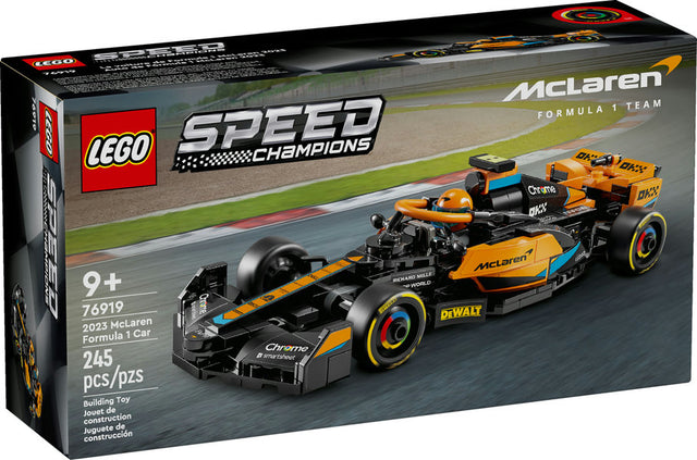 LEGO Speed 2023 McLaren Formula 1 Car buildable toy featuring detailed F1 design, black-and-papaya livery, and driver minifigure.