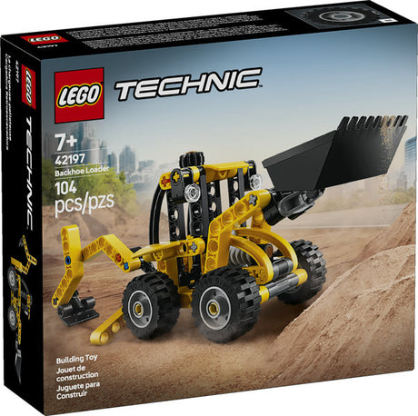 Boxed LEGO Technic Backhoe Loader toy set with 104 pieces for kids aged 7+, featuring movable loader and digger arms.