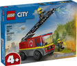 City Fire Ladder Truck LEGO set with raisable ladder, firefighter minifigures, and flicker flames for imaginative play.