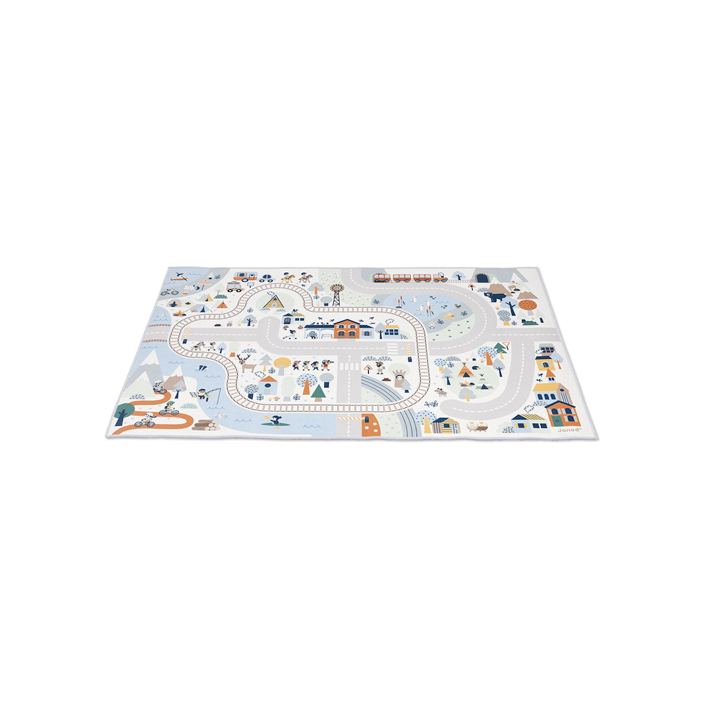 Crossroads White Valley Play Mat with snowy mountain roads, railroad track, animals, and winter adventure scenes for kids.