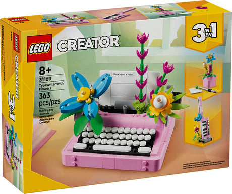LEGO Creator Typewriter with Flowers buildable toy set featuring a pink typewriter and colorful flower decorations.
