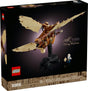 LEGO Icons Leonardo da Vinci's Flying Machine model with textile wings and display stand including mini Leonardo figure.