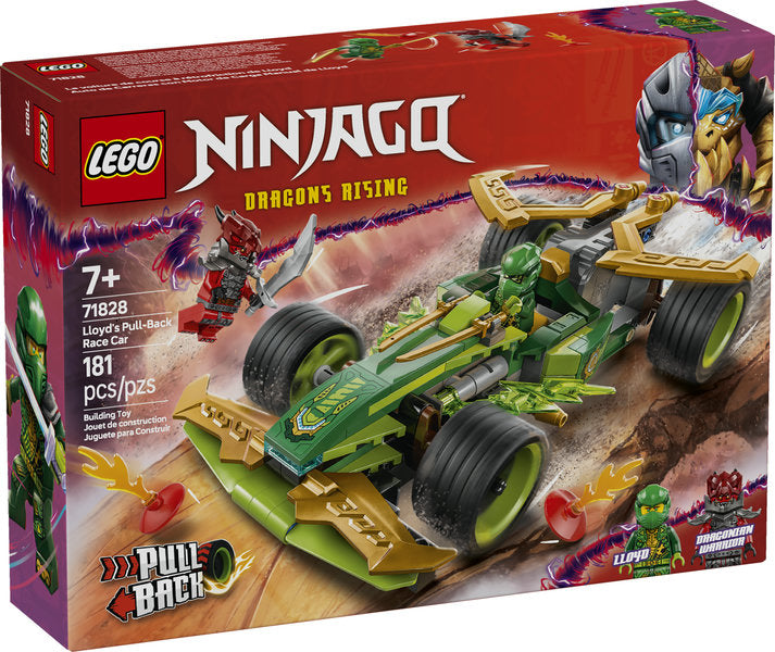 Ninjago Lloyd's Pull-Back Race Car set with green race car, 2 minifigures, swords, and pull-back action for ages 7+.