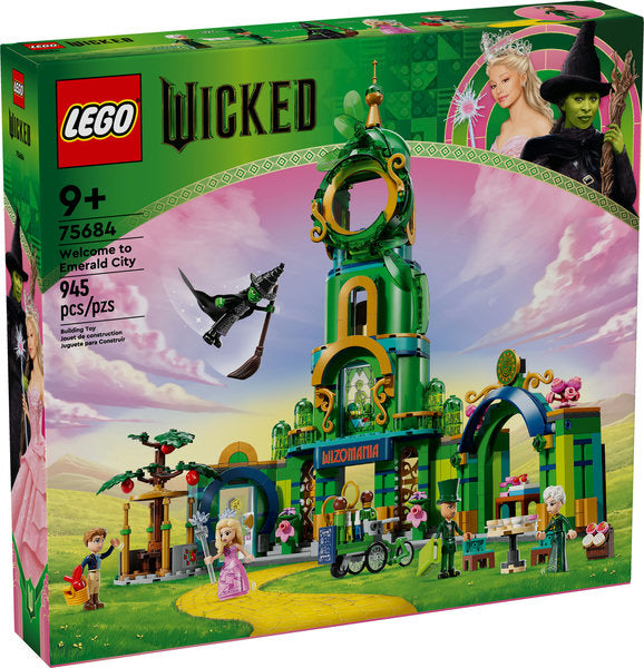 LEGO Wicked Welcome to Emerald City set with 945 pieces featuring iconic characters and a detailed 3-story tower toy.
