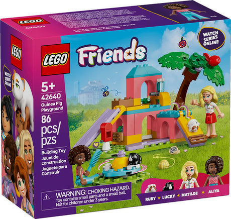 LEGO Friends Guinea Pig Playground playset with minidolls, guinea pig figures, slide, and accessories for kids 5+.