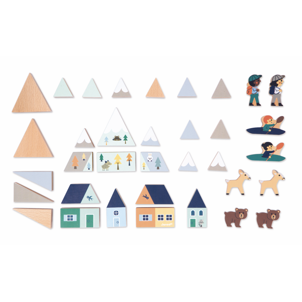 Crossroads White Valley Building Blocks set with wooden mountain, village pieces, animal and human figures for creative play.