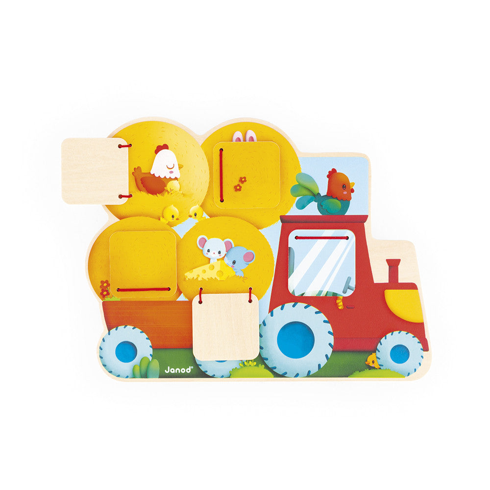 Farm Flip and Find Tractor wooden toy with five flaps revealing farm animals for toddlers aged 12 months and up.