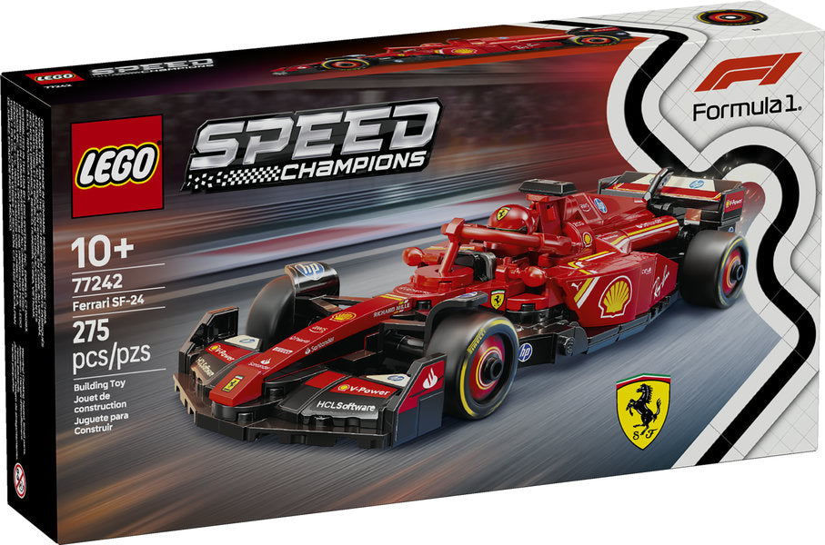 LEGO Speed Champions Speed Ferrari SF-24 F1 Race Car set with detailed build and driver minifigure, ages 10+ and up.