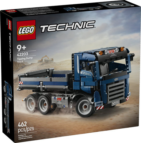 Technic Tipping Dump Truck LEGO set with 462 pieces for kids 9+, featuring a blue tipper truck with opening cab and tipping bed.