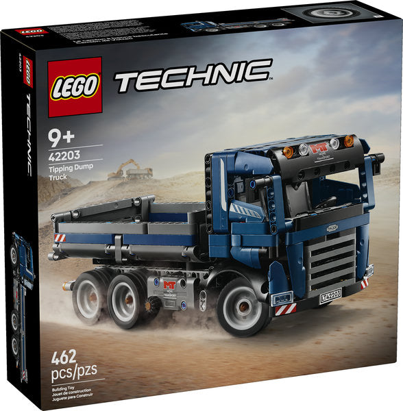 Technic Tipping Dump Truck LEGO set with 462 pieces for kids 9+, featuring a blue tipper truck with opening cab and tipping bed.