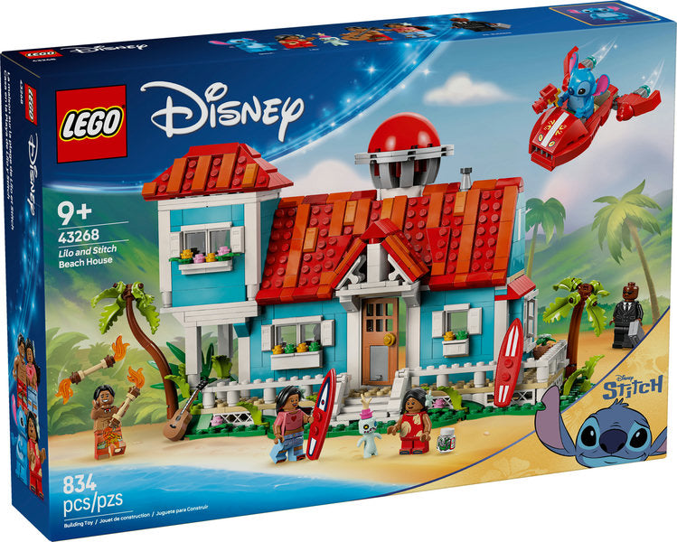 Disney Lilo & Stitch Beach House LEGO set featuring a colorful 2-level beach house with minifigures and accessories.