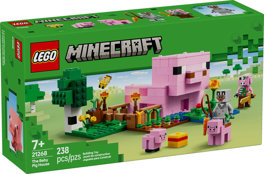 LEGO Minecraft The Baby Pig House set with pig-shaped house, figures, farm, and garden for creative play ages 7+
