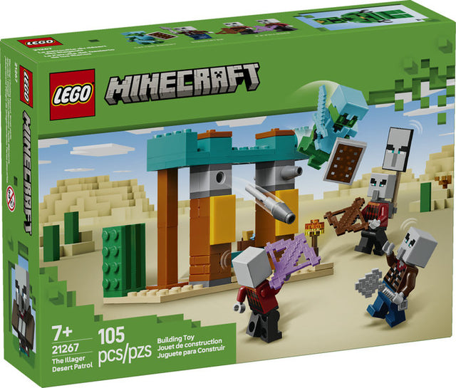 Minecraft The Illager Desert Patrol LEGO set with desert outpost, four figures, weapons, and missile-launching features.