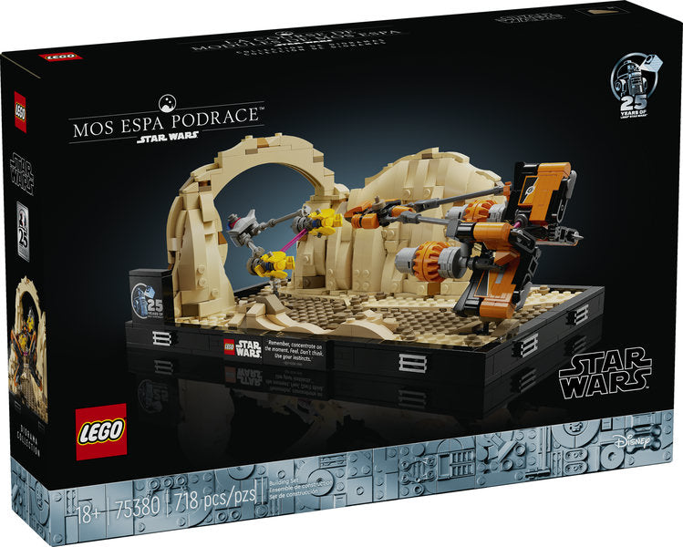 Star Wars Mos ESPA Podrace Diorama LEGO set showing Anakin’s Podracer in Arch Canyon with display base and plaque.