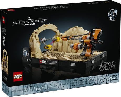 Star Wars Mos ESPA Podrace Diorama LEGO set showing Anakin’s Podracer in Arch Canyon with display base and plaque.