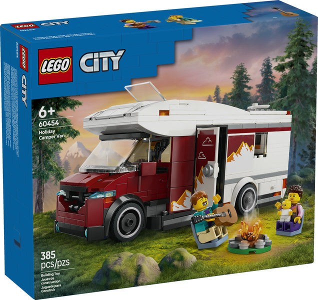 LEGO City Holiday Adventure Camper Van with figures, campfire, guitar, and detailed camper features for kids age 6+