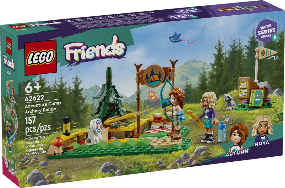 LEGO Friends Adventure Camp Archery Range with mini dolls Autumn and Nova, archery target, raccoon, and accessories.