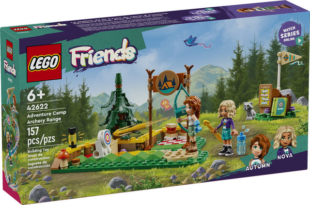 LEGO Friends Adventure Camp Archery Range with mini dolls Autumn and Nova, archery target, raccoon, and accessories.