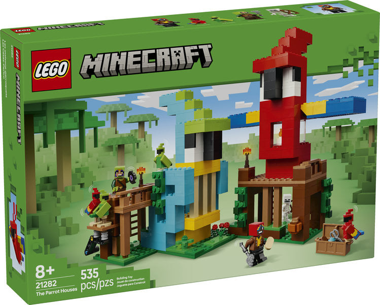 Minecraft The Parrot Houses set with red and blue parrot houses, parrots, Jungle Ranger, and gaming accessories for kids 8+.