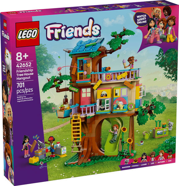 LEGO Friends Friendship Tree House Hangout set with treehouse, characters, veggie patch, elevator, and customizable windows.